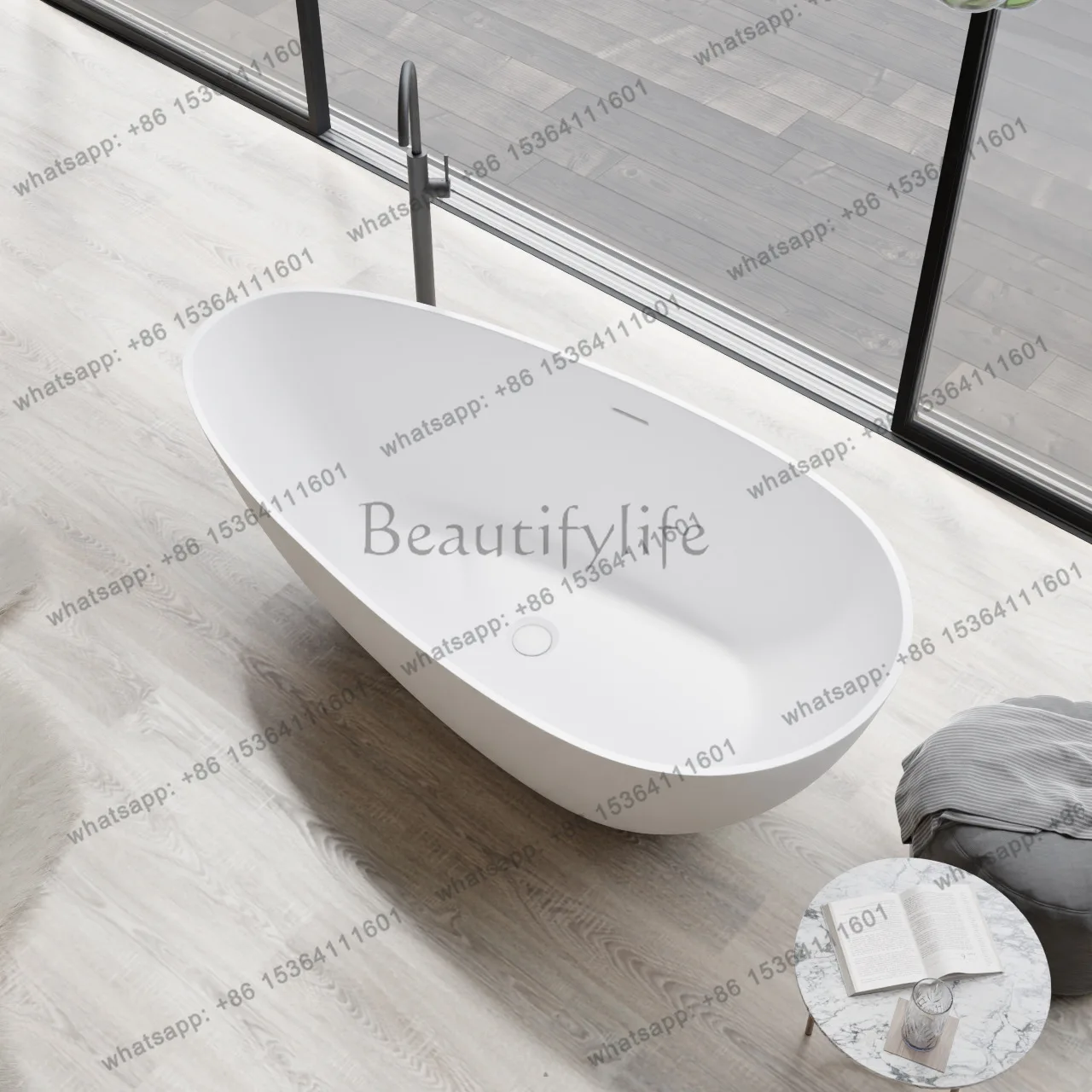 

Independent Household Polymer Artificial Stone Bathtub Hotel Homestay Oval Bathtub Factory Direct Sales