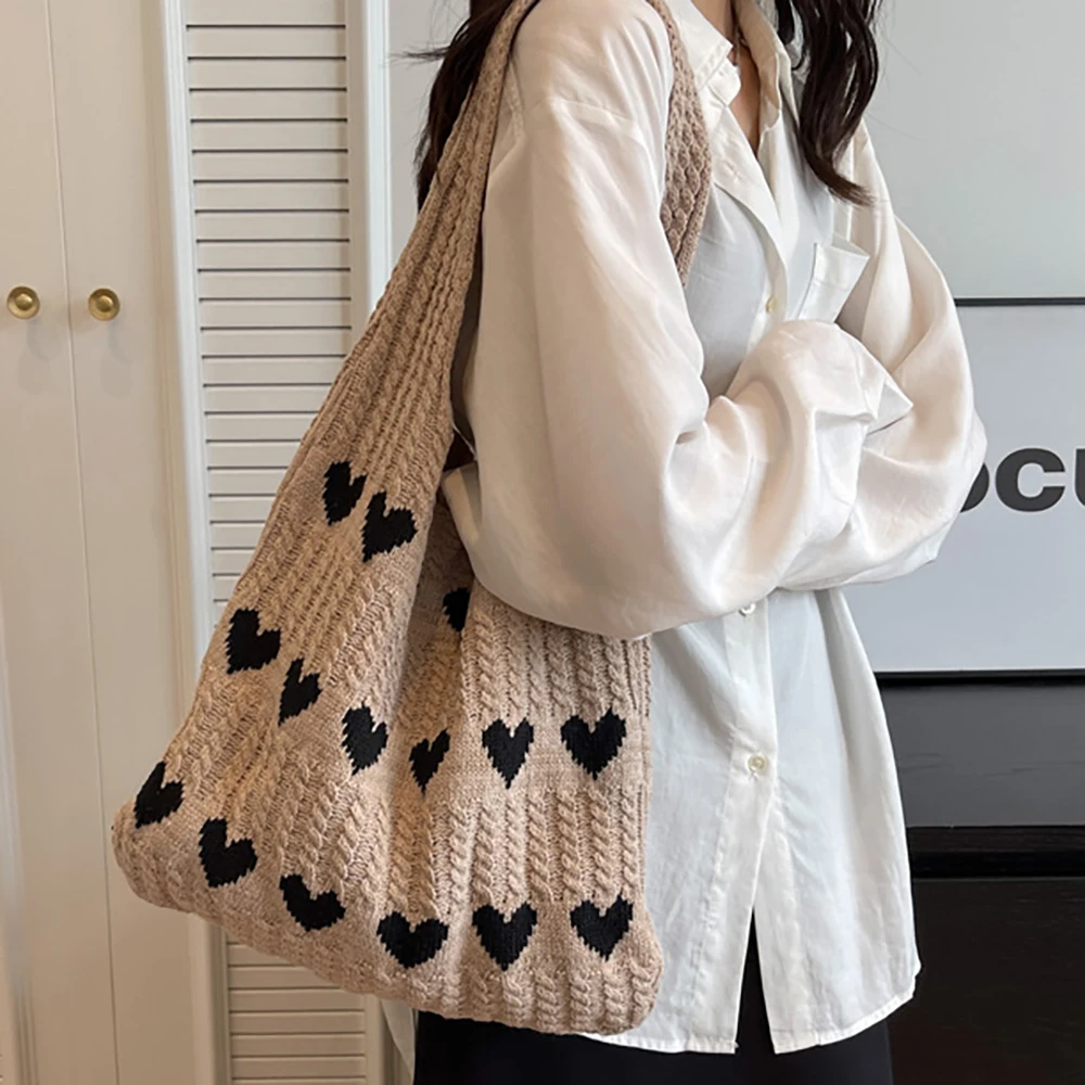 1 шт., вязаная крючком сумка с узором в виде сердца, сумка на плечо, большая вместительная модная пляжная сумка, универсальная дорожная сумка, большая сумка