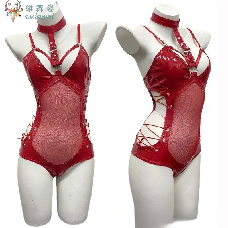 Sexy Adulta Donna Biancheria Intima Lucida PU Cuoio Uniforme Abiti Esotici Gioco Di Ruolo Abiti Nude Abiti Da Pigiama Biancheria Intima Sexy Party Di Amore Caldo Sexy Punk Scuro Trasparente Filato Splicing Collano