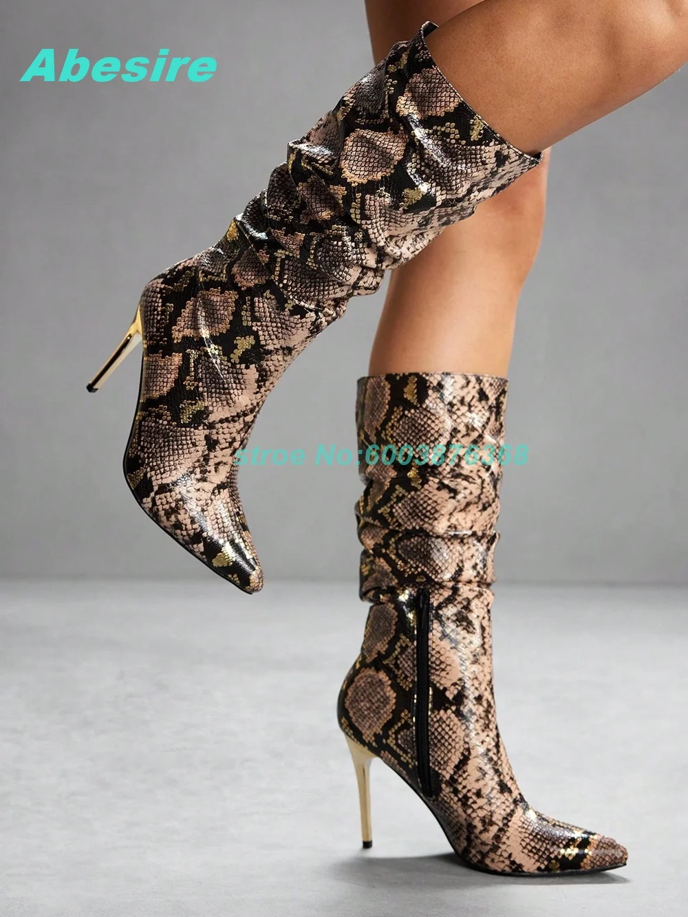 Snake-Pattern Pleated Patchwork Knee High Boots Pointed Toe Thin Heels Back Zipper Shoes for Women Spicy Girls Retro Shoes New