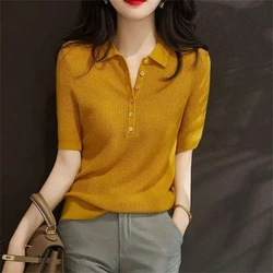 Ice silk top for summer thin 2024 style, with a slimming temperament, polo knit shirt, short sleeved t-shirt for women