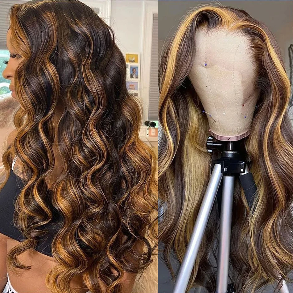 Destaque peruca de onda corporal para mulheres, cabelo humano brasileiro, peruca frontal de renda 13x6 HD, peruca dianteira loira sem cola