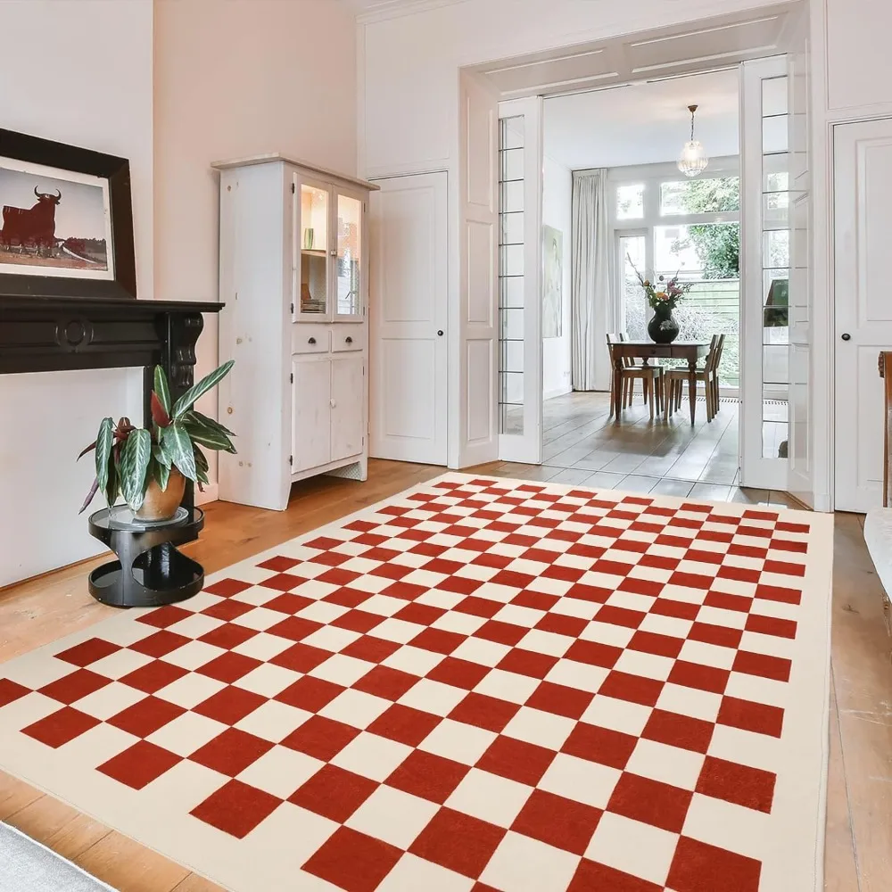 

6x9 Large Area Rugs Rust Red Checkerboard Rug Washable Rug for Bedroom Boho Low Pile Area Rug