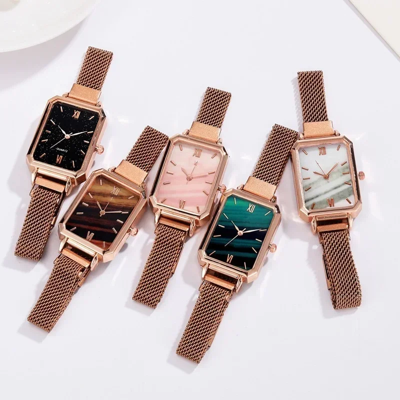 Women Watches Fashion Square Ladies Quartz Watch Bracelet Set Green Dial Simple Rose Gold Mesh Luxury Women Watches