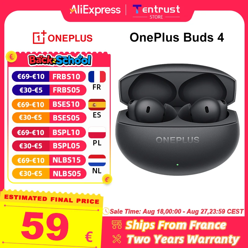 Versione globale OnePlus Buds 4 Auricolare 55dB ANC Bluetooth 5.4 Vero auricolare wireless Auricolari Fino a 45 ore di riproduzione IP55