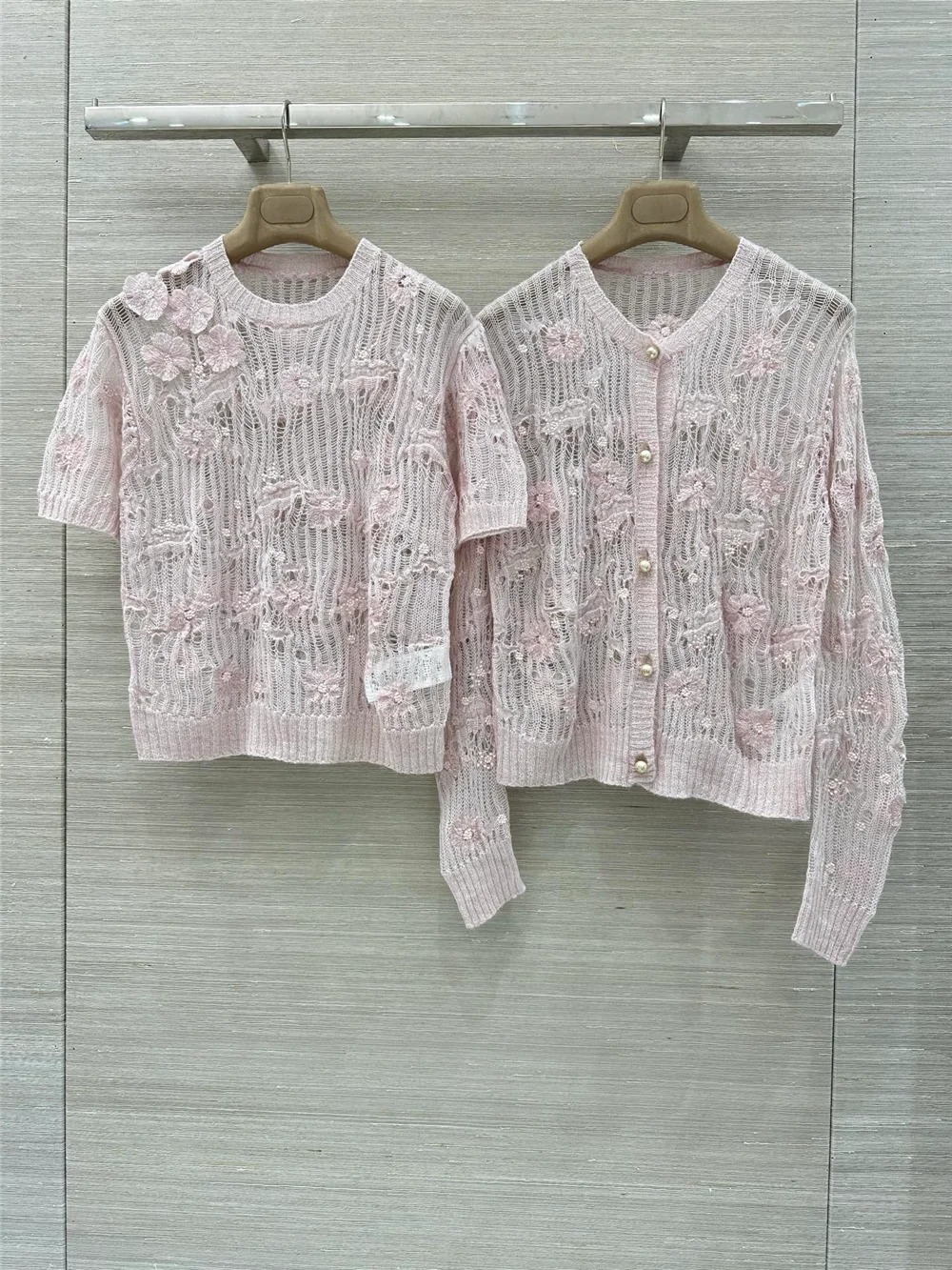 26 Spring Summer Women's Two-Piece Set Mohair Floral Short-Sleeve Top / Knit Cardigan Sweater Temperament Elegant
