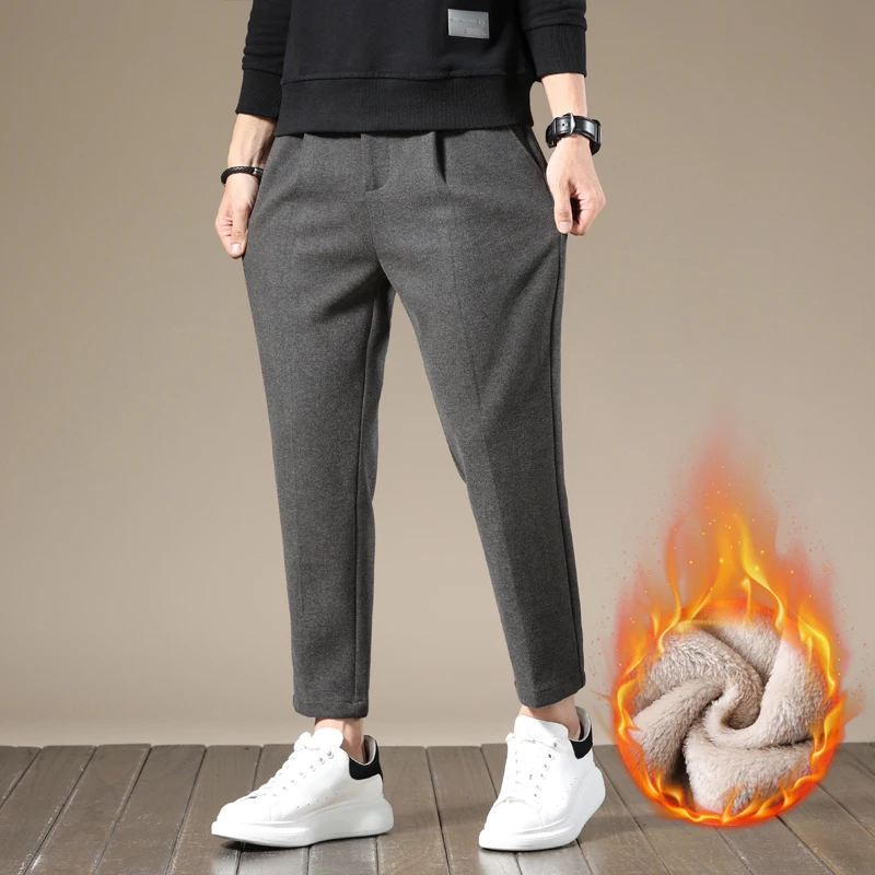 2026 Autumn Winter Suit Pants Men Thick Business Elastic Waist Classic Grey Brown Woolen Straight Korean Formal Trousers Male