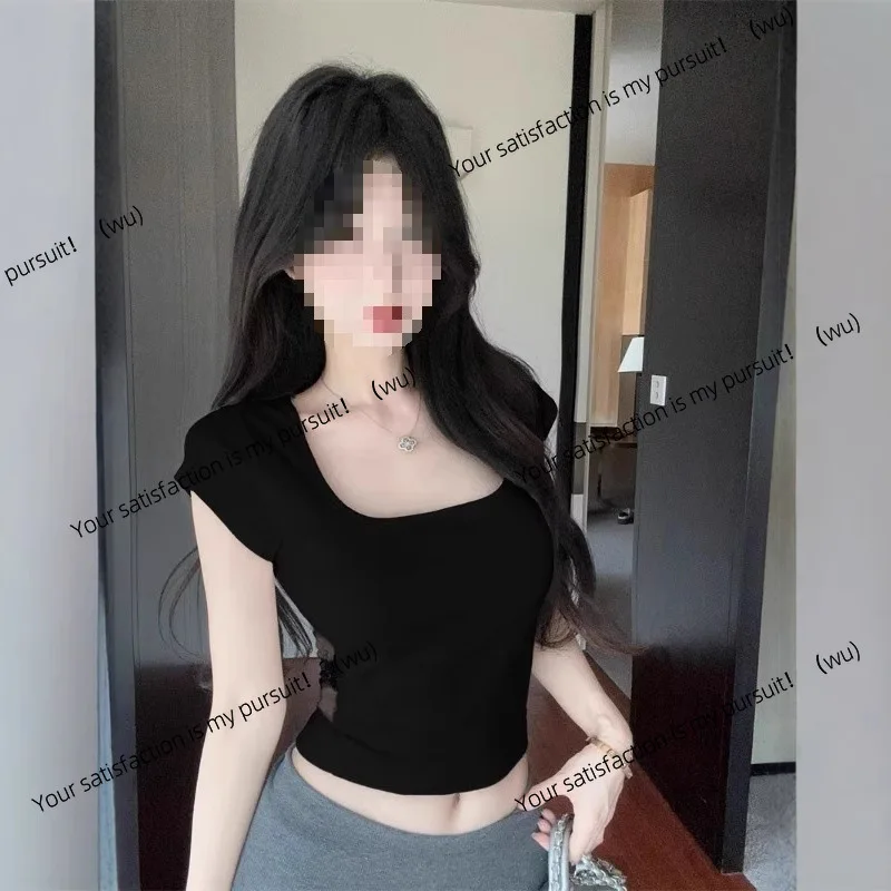 Kaos wanita lengan pendek model leher kotak, gaya Korea, seksi, dengan detail renda, potongan ramping, cocok untuk musim panas.