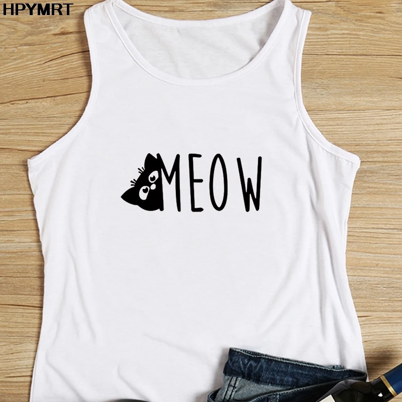 New Summer Women Vest Tank Tops Shirt Fashion Cat Meow Kawaii Cartoon Harajuku Casual Print Sleeveless O-neck Female Clothing