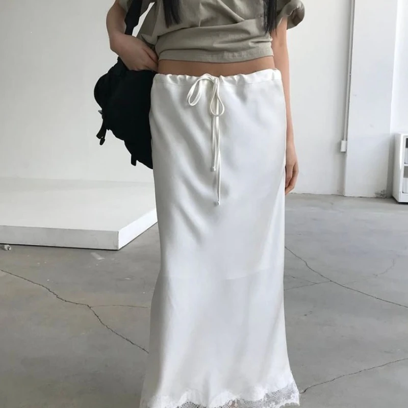 

2026 Summer Hot Selling Satin Design Stitch Lace Low Waist Straight Tube Half Body Skirt for Women