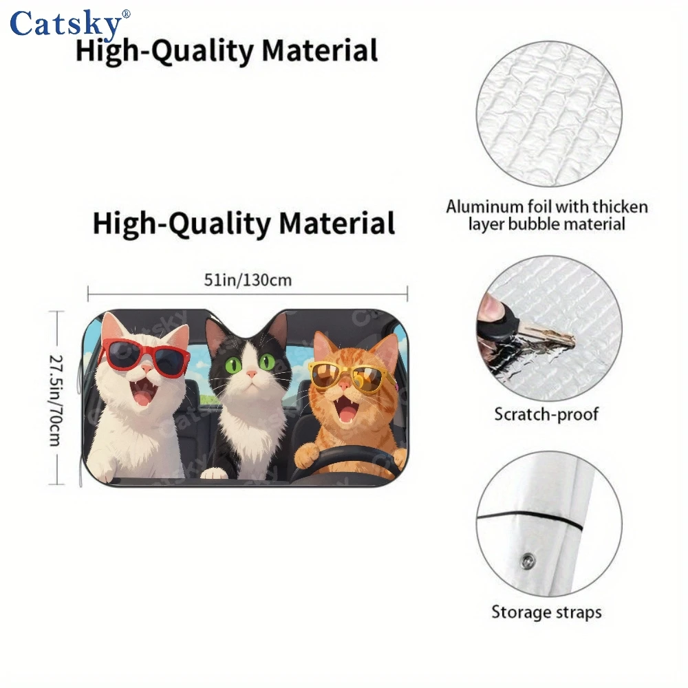 A Trio Of Cats Sporting Glasses Is Lounging In A Vehicle, Complete With For The Front Window, Decorative Auto Sunshades, And A S