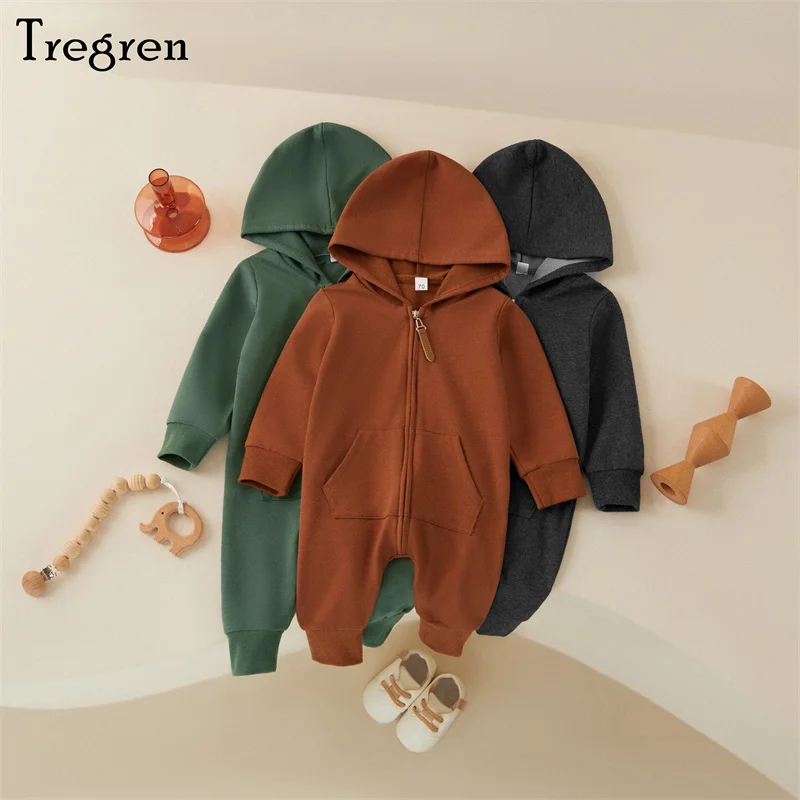 Tregren 0-12M Newborn Baby Boys Girls Jumpsuits Long Sleeve Solid Color Zip Up Hooded Rompers Casual Spring Fall Clothing