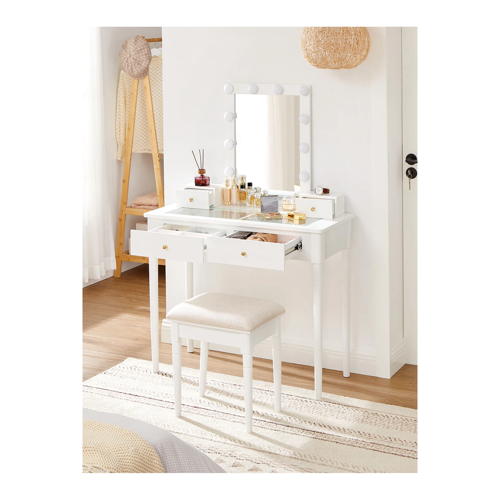 VASAGLE Vanity Set with Stool, Mirror, 10 Dimmable Bulbs, 2 Large Drawers with Glass Top, 2 Small Drawers, White