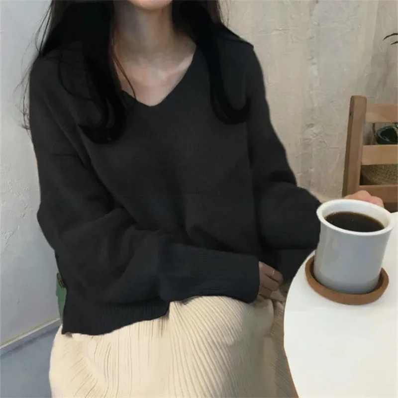 Elegant Simple Solid Knitting Pullover Sweater Women Casual Loose V-neck Oversized Sweater Female All-match Long Sleeve Jumpers