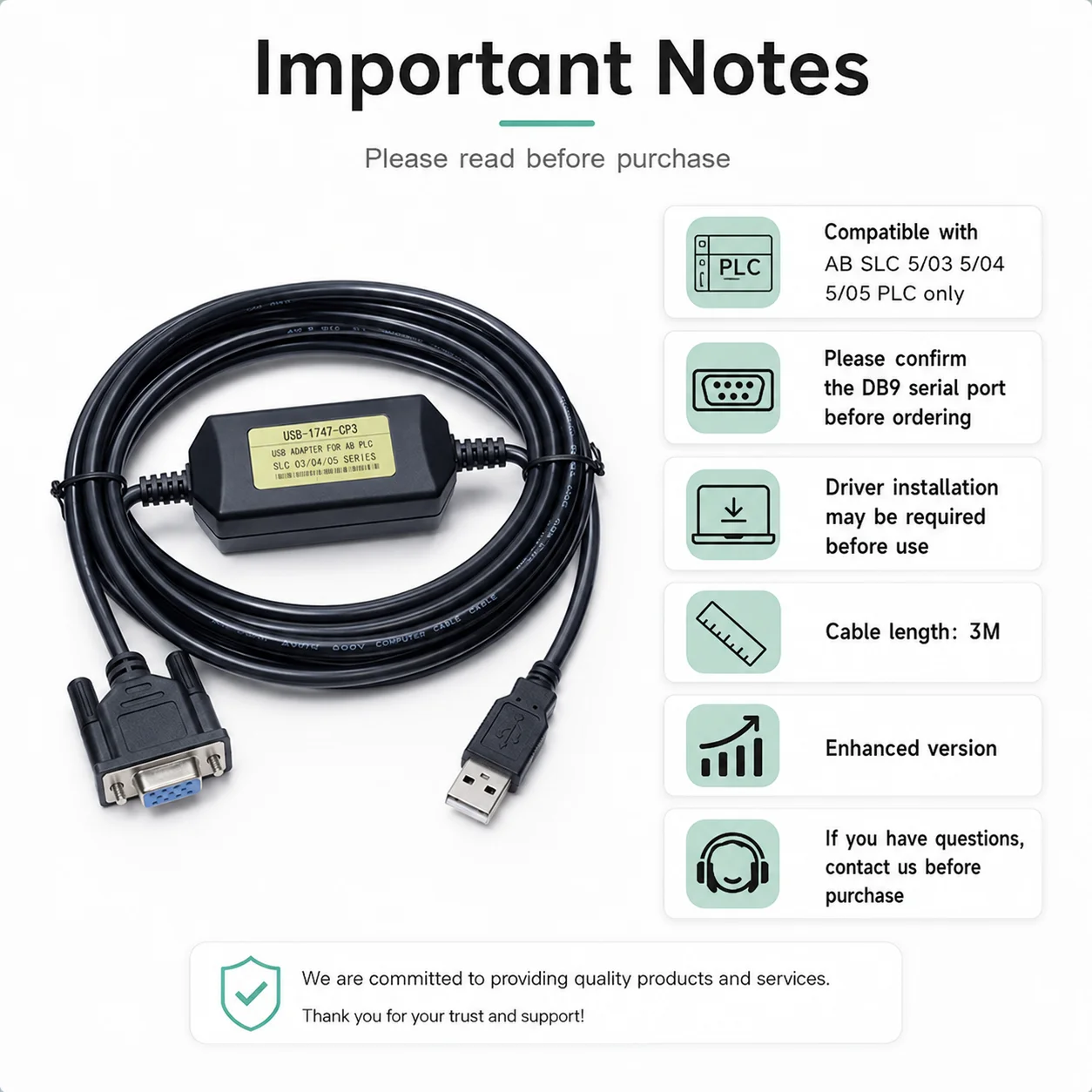 USB-1747-CP3 USB to DB9 PLC Programming Cable for AB SLC 5/03 5/04 5/05, Industrial Communication Download Cable, 3M