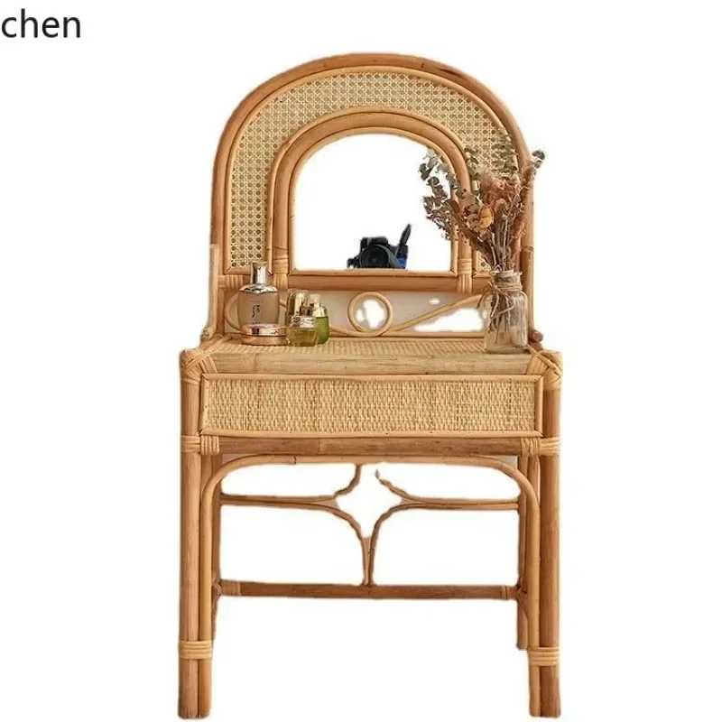 DSA  Handmade Rattan Woven Dressing Table with Mirror, Real Rattan Woven Cabinet