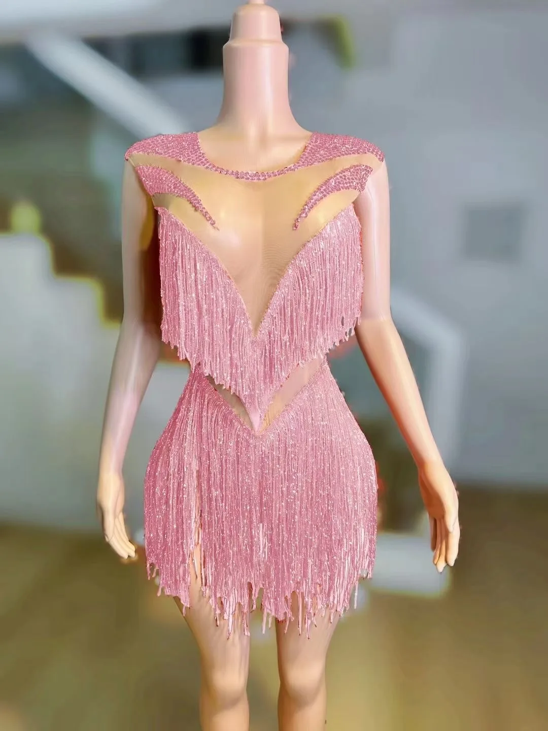 เสื้อผ้าการแสดง เสื้อผ้าวันเกิด แขนกุด กระโปรงสั้นตาข่าย โปร่งใส ชุดปาร์ตี้ไนท์คลับ Shining Stage