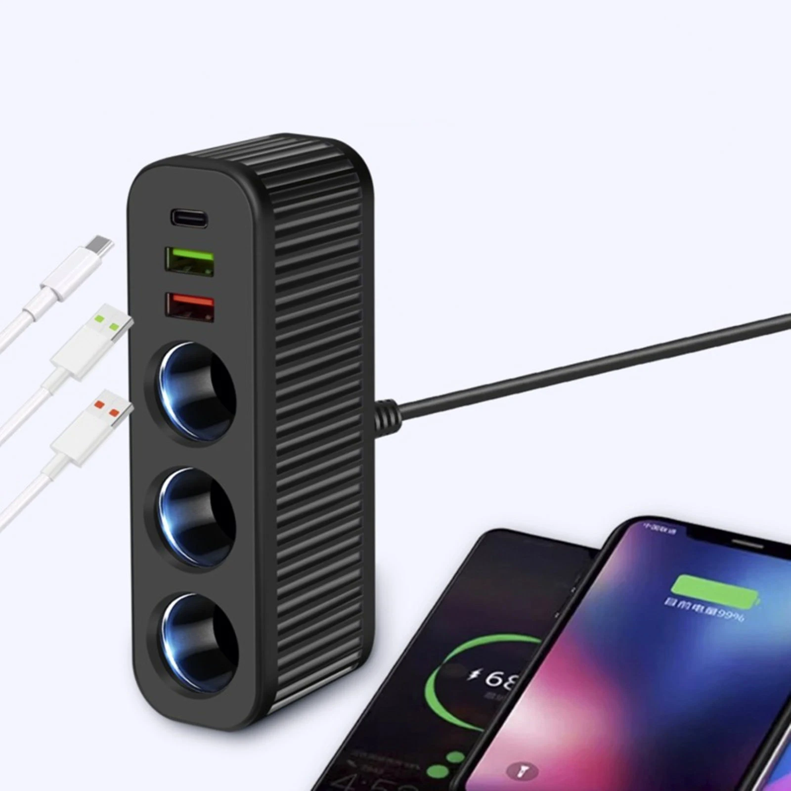 3-Socket Car Cigarette Lighter Splitter 120W 12V/24V DC Outlet Adapter with PD3.1A QC3.0 USB C Fast Charger for Vehicle
