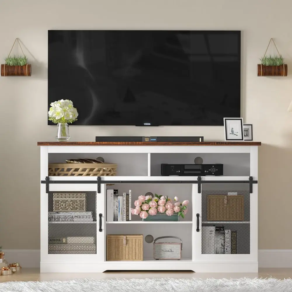 Farmhouse-TV-Ständer für 65-Zoll-Fernseher, Farmhouse-Entertainment-Center, 34 Zoll hohes Entertainment-Center, TV-Konsole mit Stauraum und Schrank