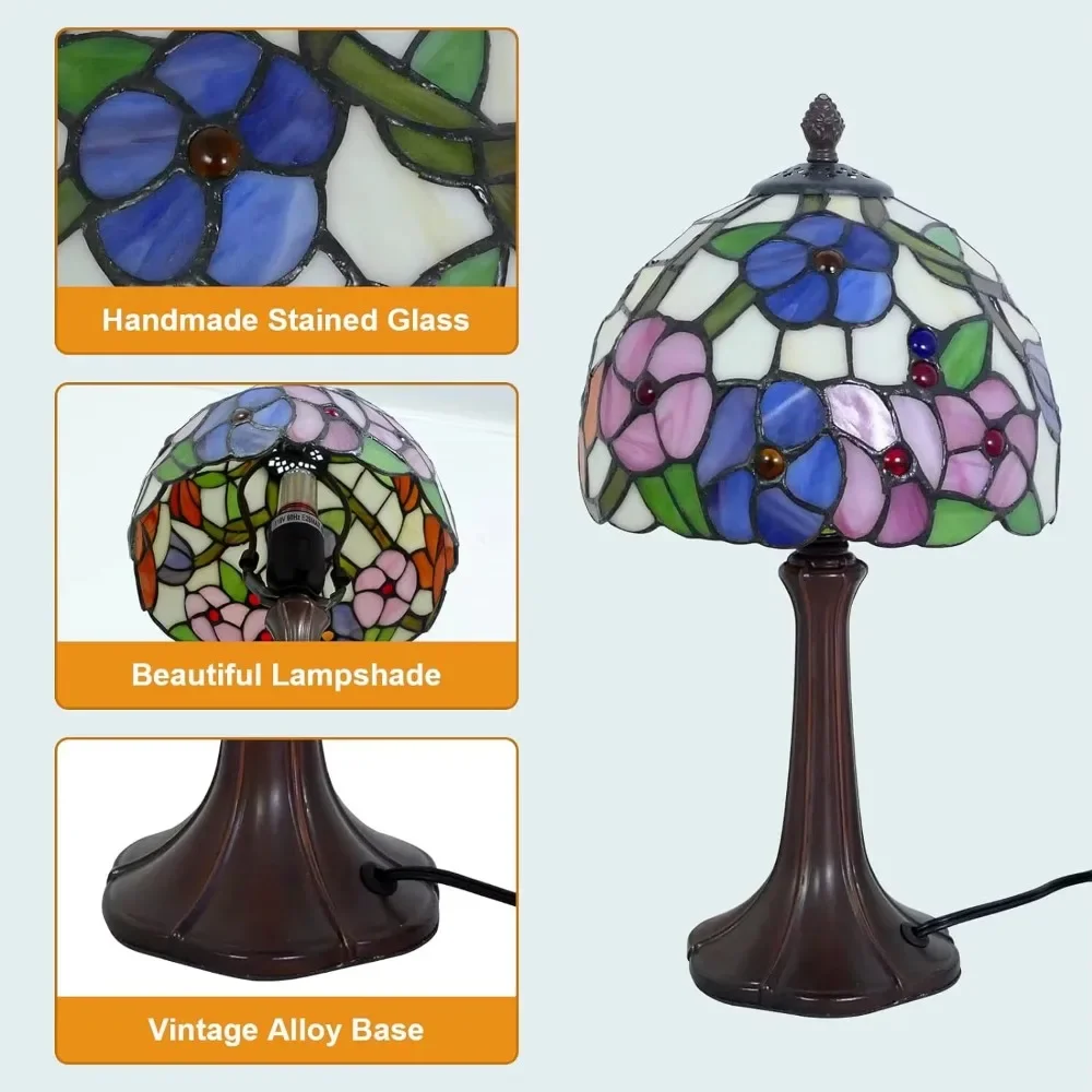 8inch Tiffany Lamp Morning Glory Stained Glass Flower Style Desk Reading Light Decor for Beside Bedroom Living Room Home Office