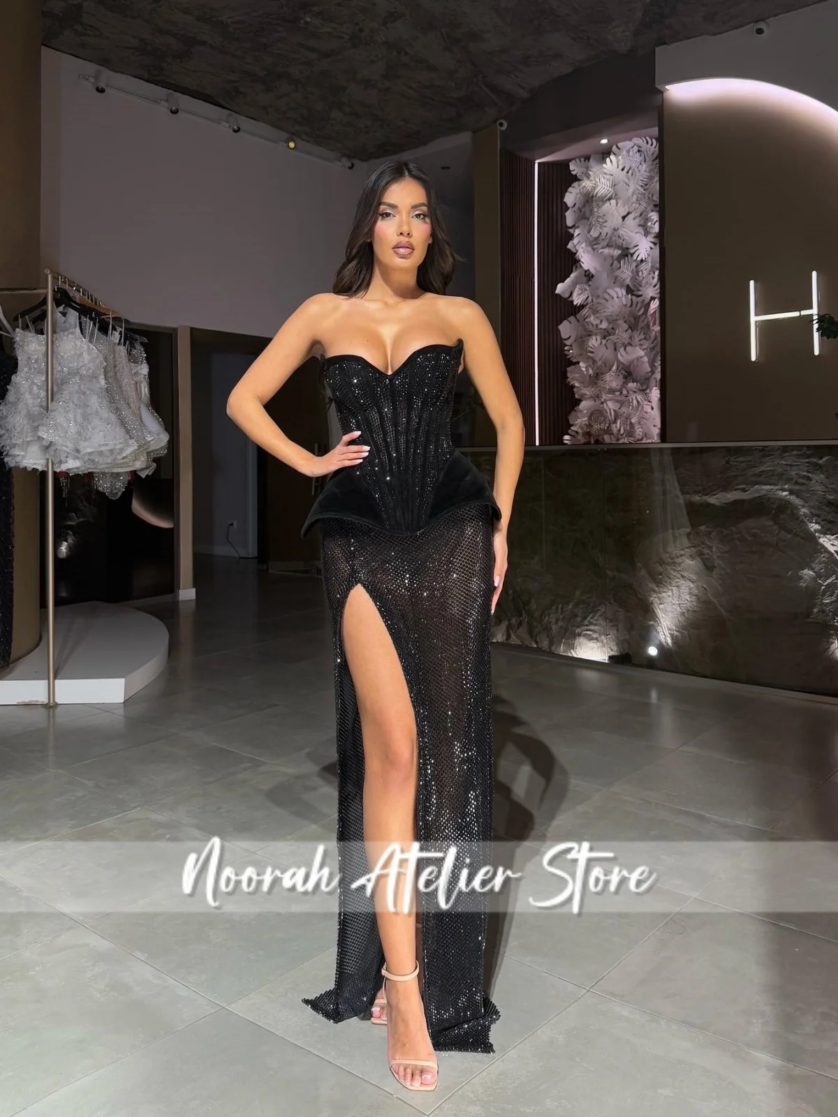 Модное кристально-черное шикарное женское вечернее платье без бретелек с русалкой, 2021, женское вечернее платье с высоким разрезом в Дубае, платье для выпускного вечера по индивидуальному заказу