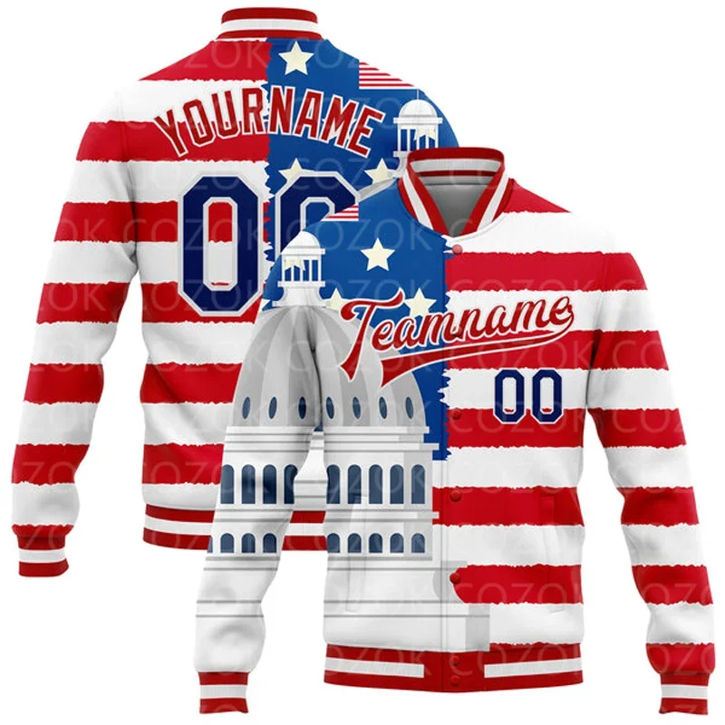 Custom USA Flag 3D Printed Baseball Button Jacket Bomber Full-Snap Varsity Letterman Jacket