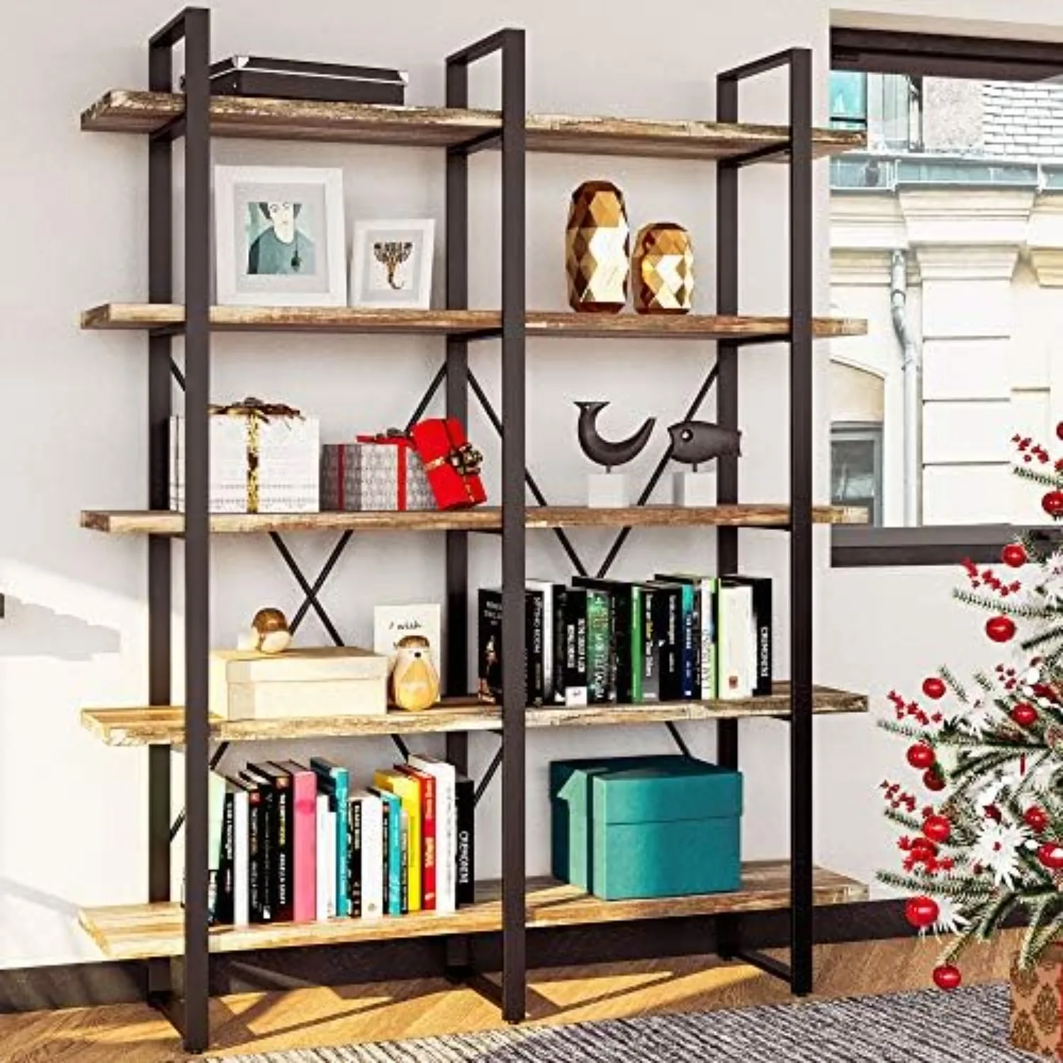 Bookshelf, Double Wide 5-Tier Open Bookcase Vintage Industrial Large Shelves, Wood and Metal Etagere Bookshelves, for