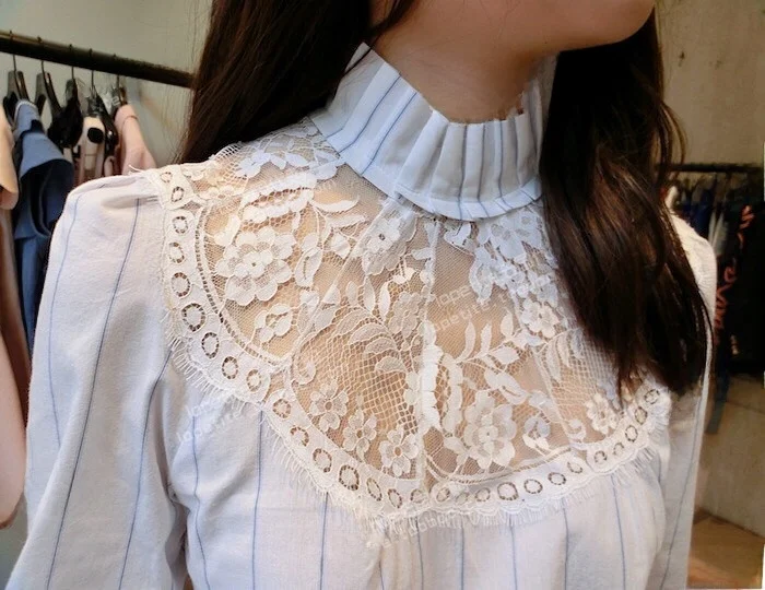 

Ladies Lace Striped irt SD207S Home Lady Sle Cotton Long Sve Formal Wear Stand Collar Button Detail Gauze Paneling