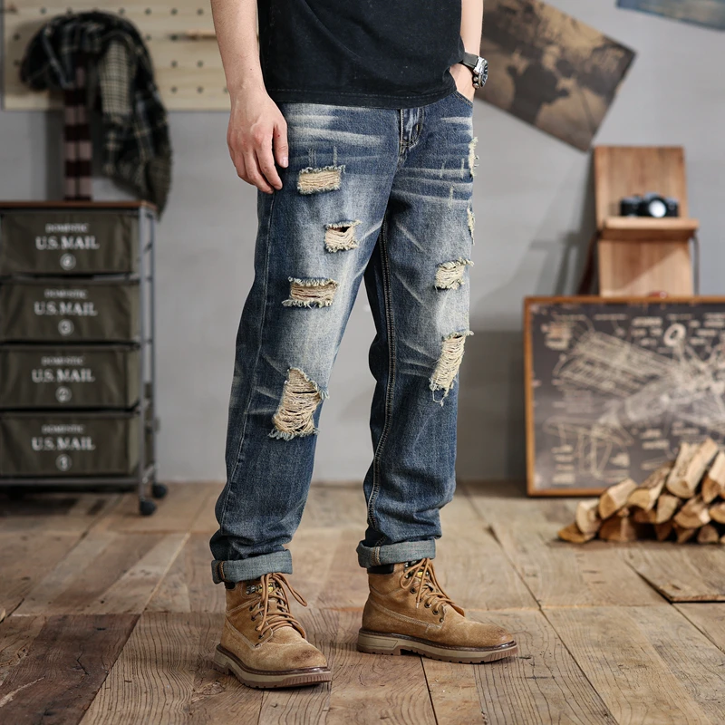 

28-48Large Size Men's Ripped Jeans Men's Retro Trendy Loose Straight Wide Leg Casual Fashion Fat People 280KGPants