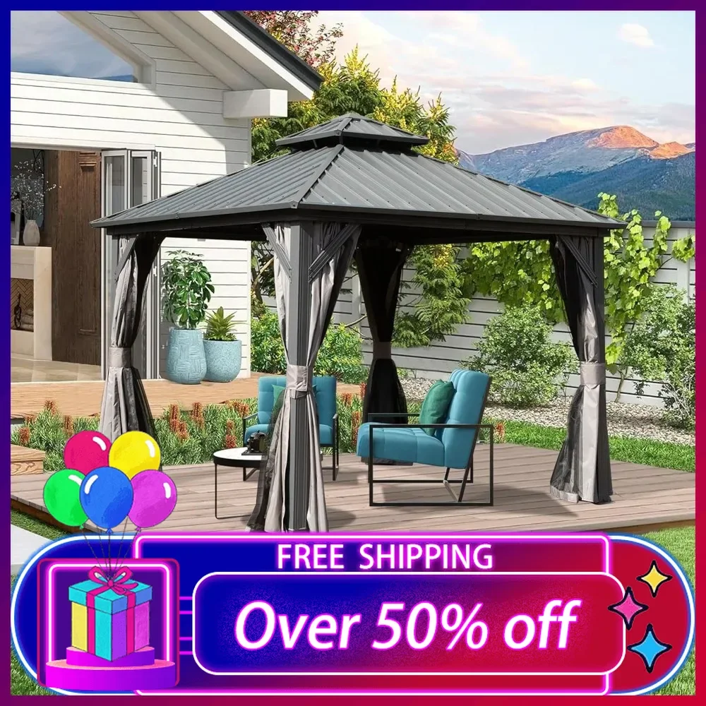 

8x8FT Hardtop Gazebo, Outdoor Gazebo with Galvanized Steel Double Roof Canopy, Curtain and Netting, Metal Gazebo Pavilion, Gray