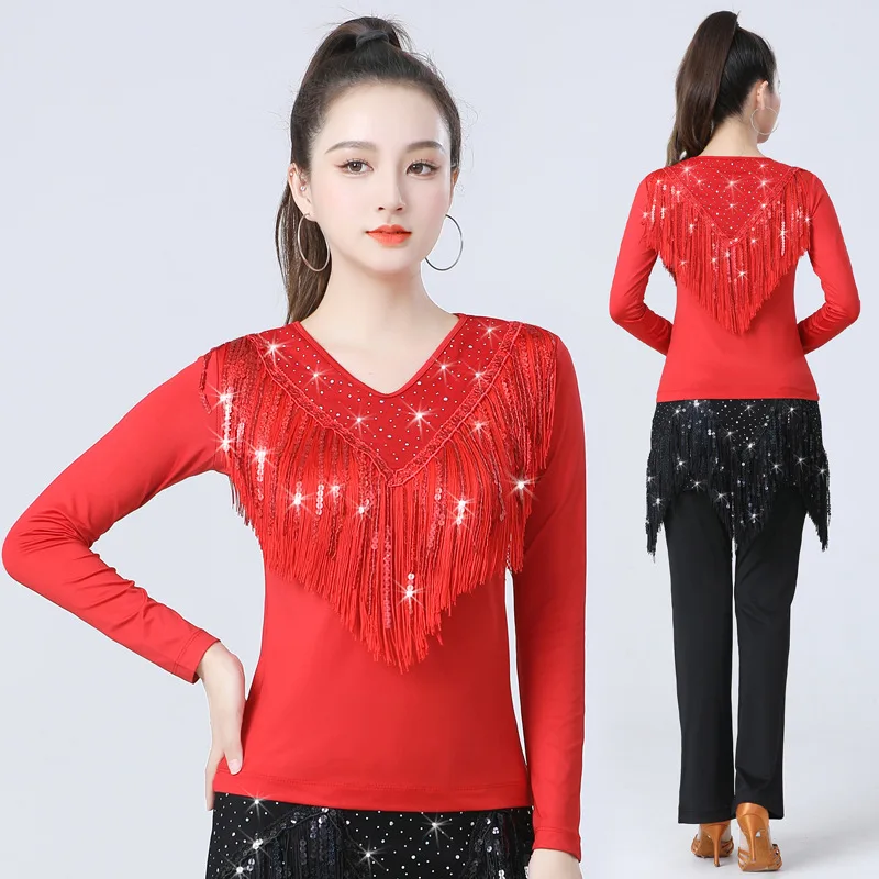 

Women Latin Dance Tops Fringe Pants Sequin Tassel Pants Skating Tango Cha-cha National Standard Dance Stage Performance Costume