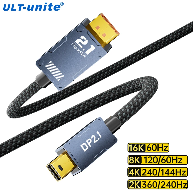 16K Mini DisplayPort to DisplayPort 2.1 Cable 8K120Hz 4K240Hz 80Gbps Bi-Directional DP to Mini DP for Gaming Laptop MacBook