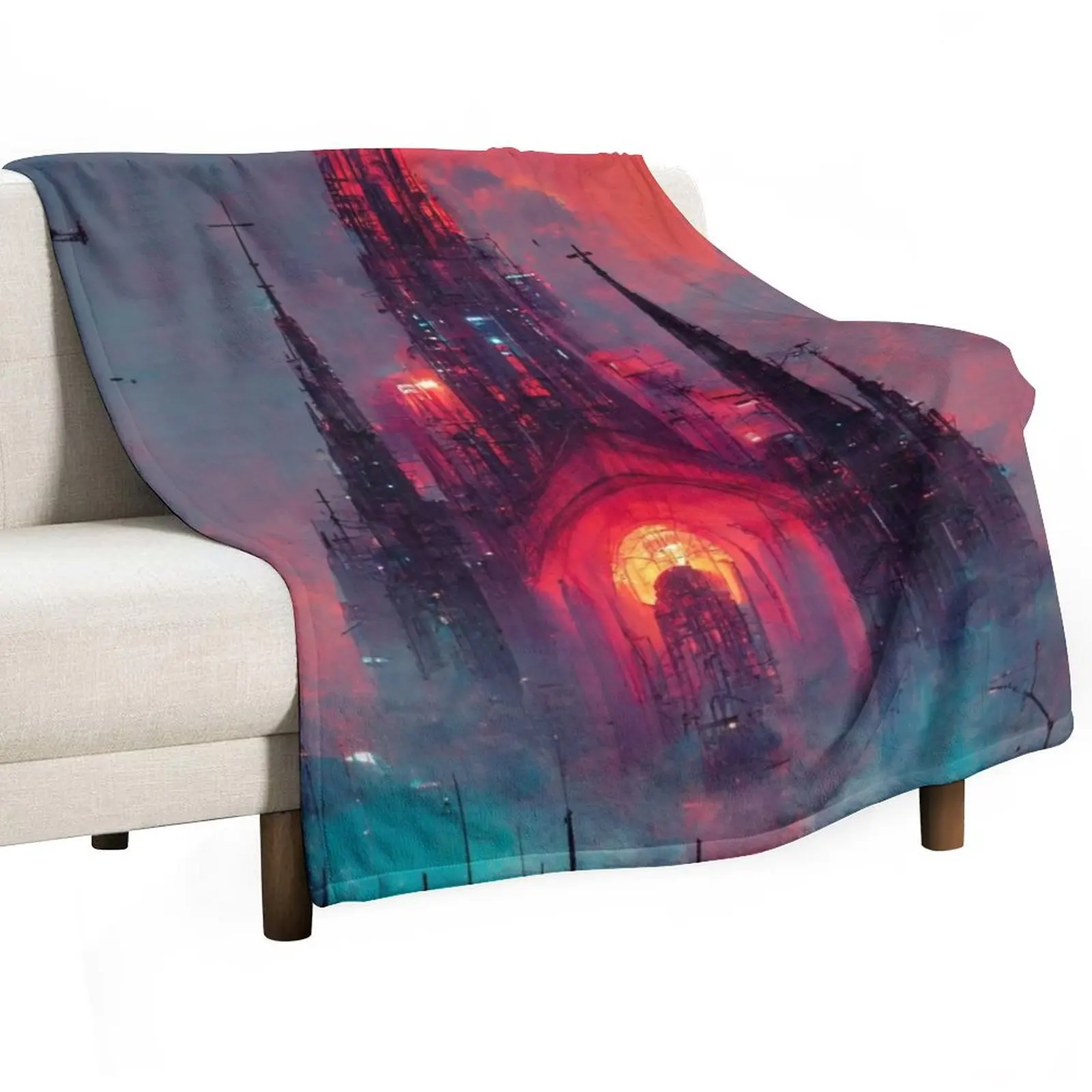 Cyberpunk Cathedral In Sunset Throw Blanket Large Multi-Purpose Blankets