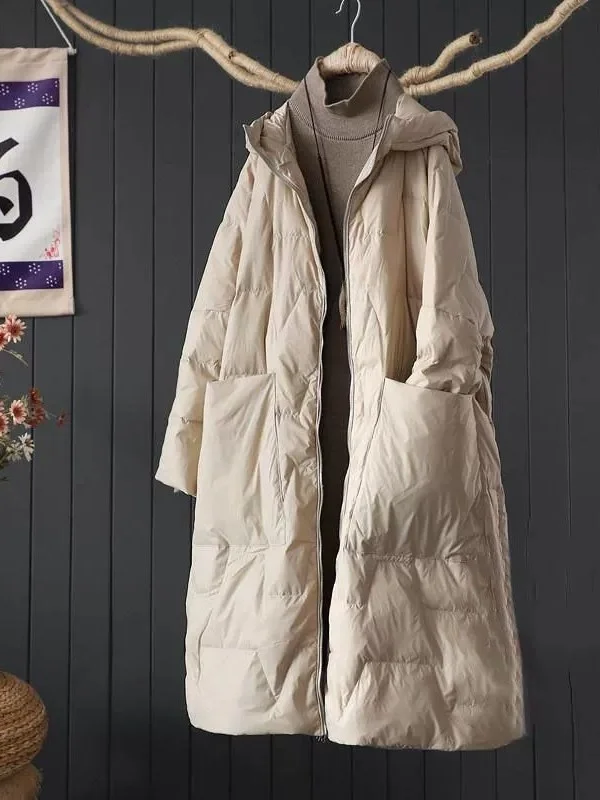 

Европейское длинное пуховое хлопковое пальто с капюшоном, женское зимнее модное повседневное свободное пальто выше колена на молнии