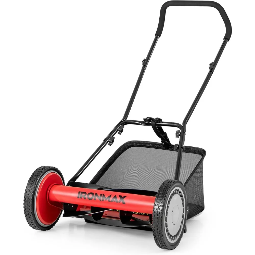 Manual Lawn Mower, 16 Inch 5-Blade Walk-Behind Cordless Grass Cutter with 7 Gallon Removable Grass Collect Bag, Adjustable Cutt