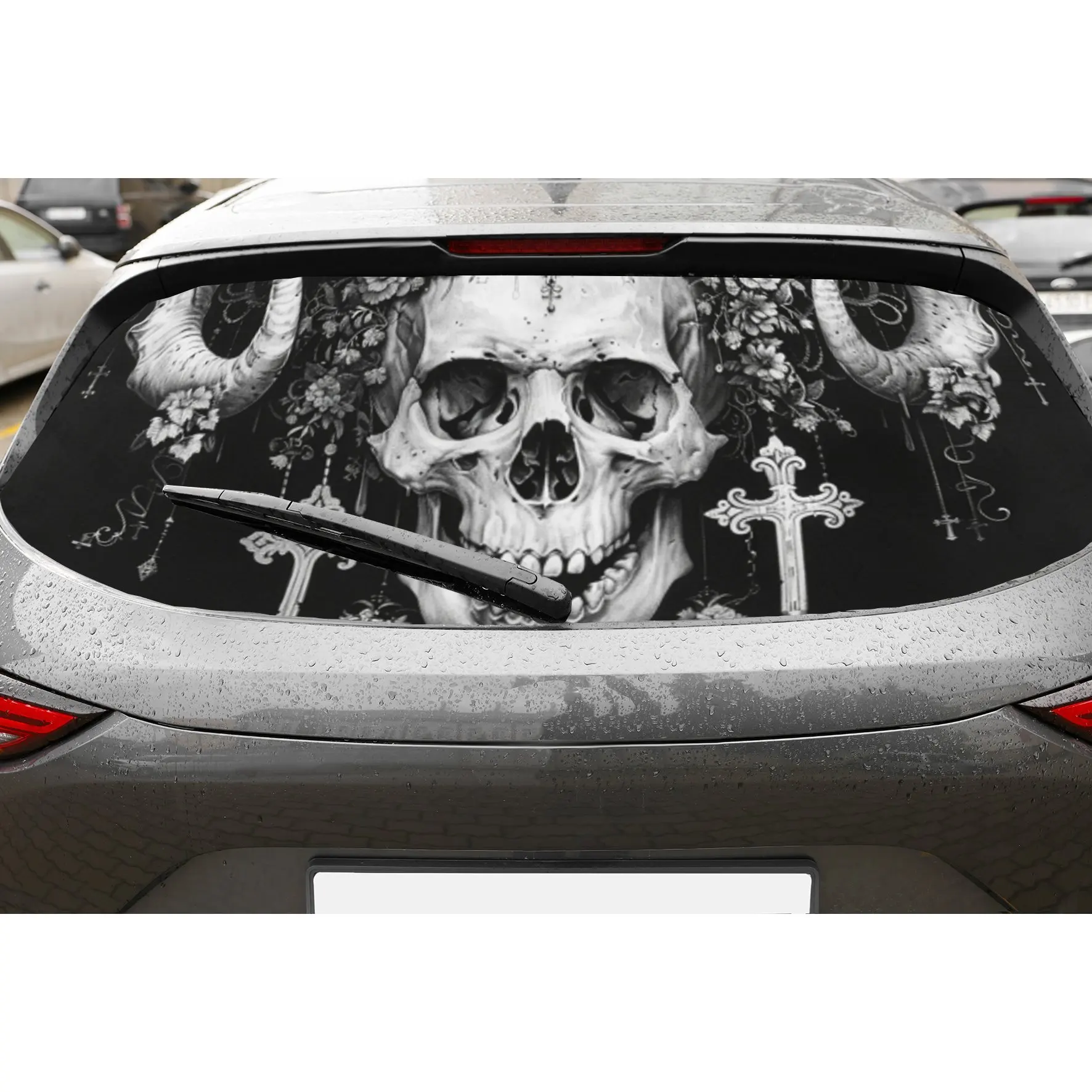 

Череп, цветок и крест, перфорированные автомобильные виниловые обертывания из ПВХ, прочная наклейка на заднее лобовое стекло автомобиля, водонепроницаемая наклейка на заднее окно автомобиля, P