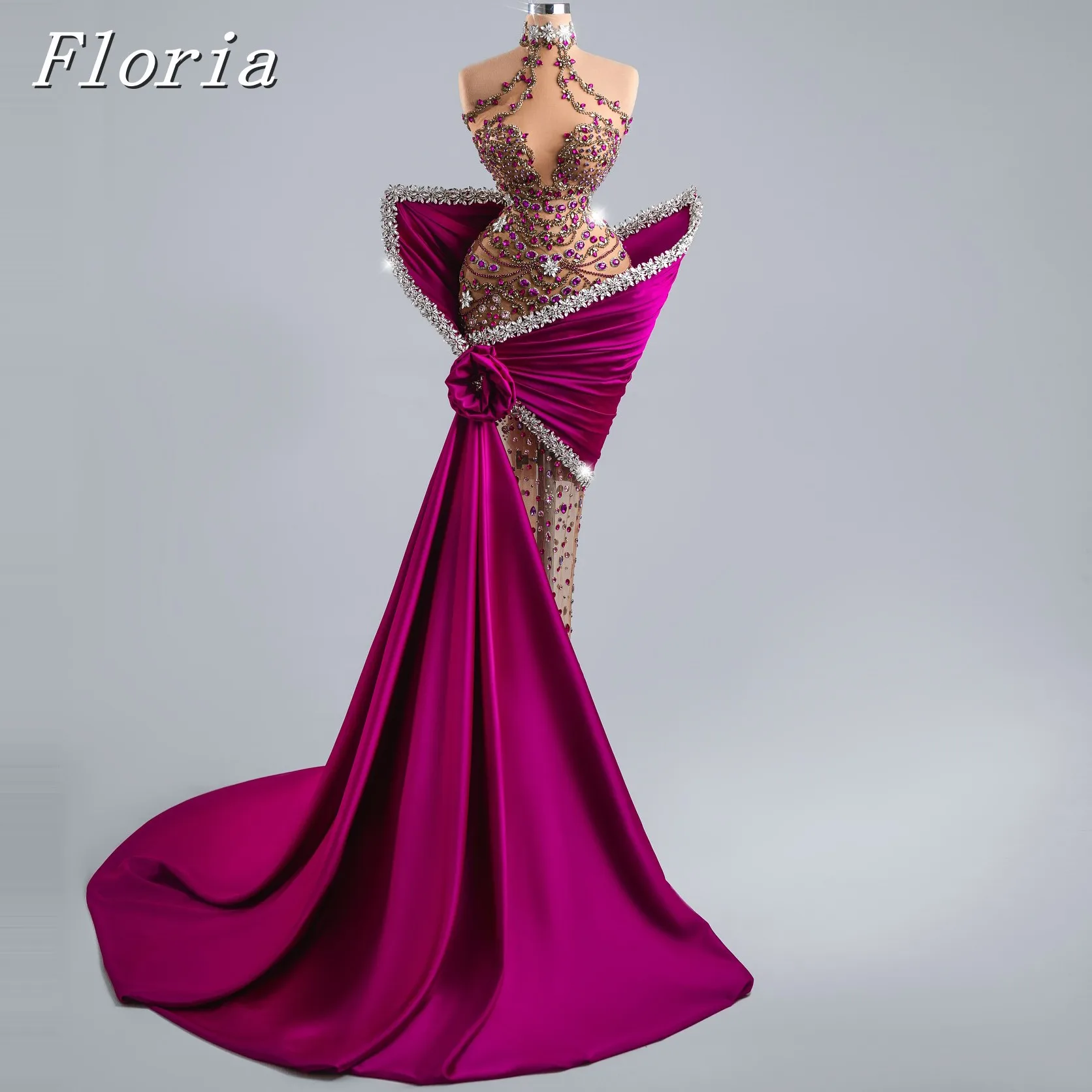 

Floria Exquisite Custom Made Evening Dresses Hot Pink Gorgeous Asymmetric Party Dress Customized Long Satin Train Prom Dresses