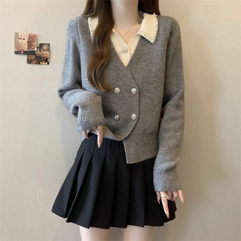 

French nail bead shoulder gray knitted sweater, autumn plus size slimming fake two-piece top
