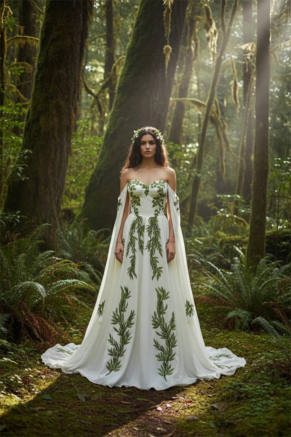 Lakshmigown Grünes Blatt-Stickerei-Hochzeitskleid mit Cape, schulterfrei, A-Linie, Abendkleid, Schnürung, Schleppe, maßgeschneidert – Detail 5