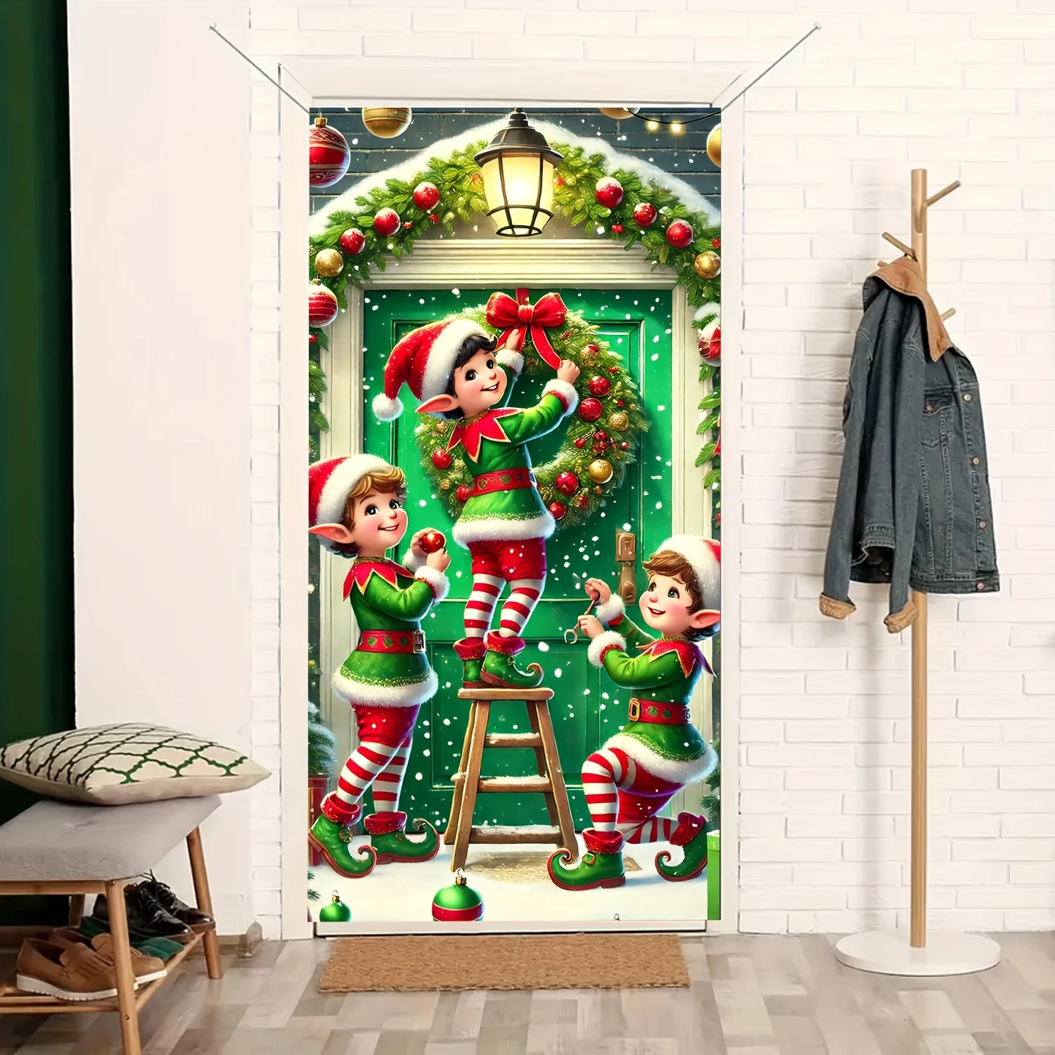 Christmas Elves Wreath Door Cover - 35.4x70.8in, Versatile Holiday Decor for Entryway & Room
