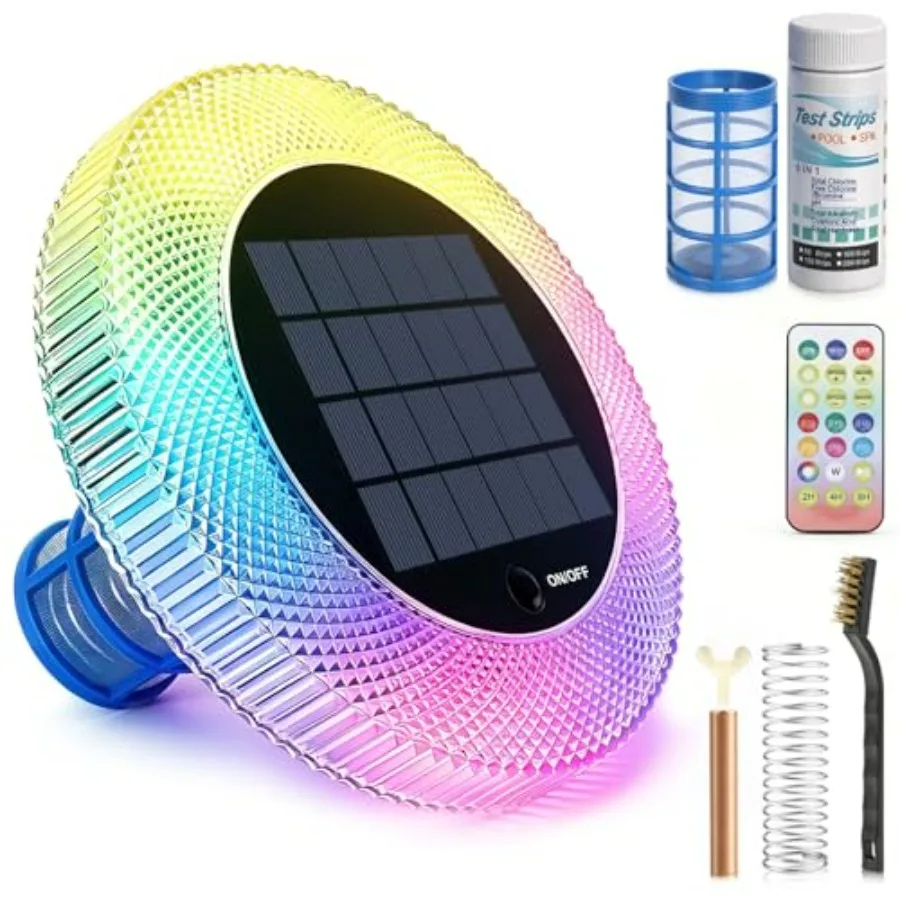 

Solar pool ionizer with LED light for above-ground and in-ground pools, copper-silver alloy, blue, reduces chlorine by up to 85