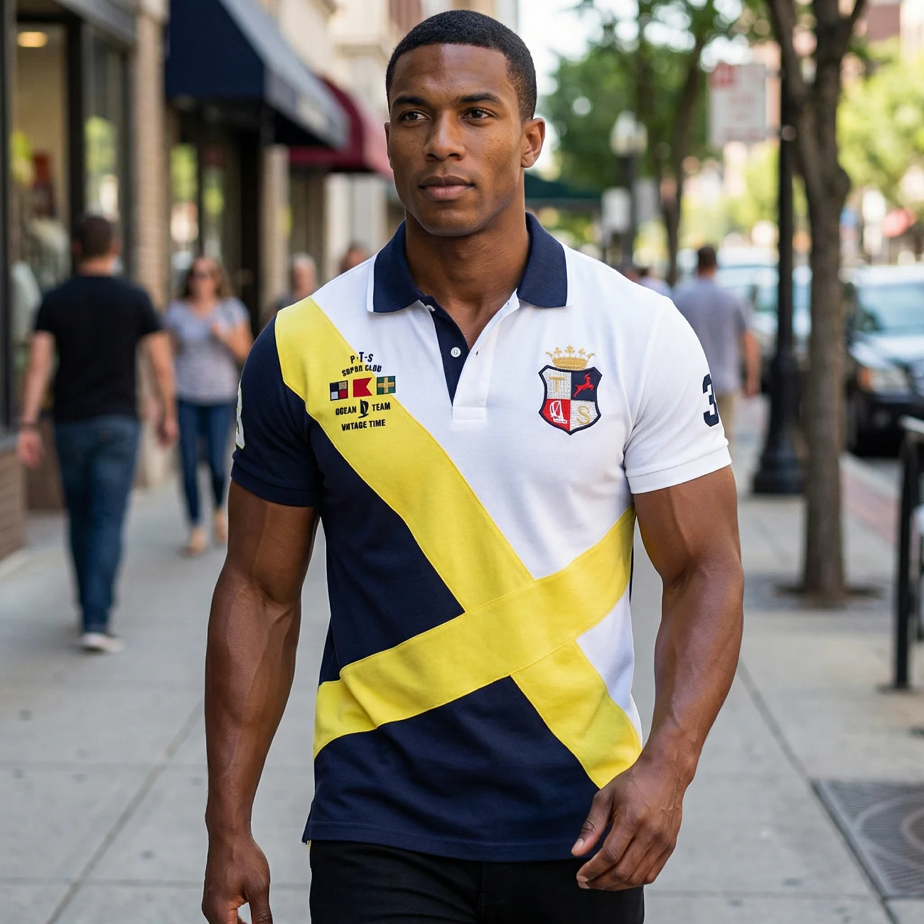 Men's polo shirt Short-sleeved casual fashion polo shirt cross stitching color contrast classic pattern embroidery stitching