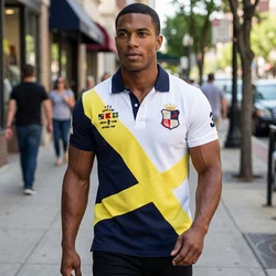 Men's polo shirt Short-sleeved casual fashion polo shirt cross stitching color contrast classic pattern embroidery stitching