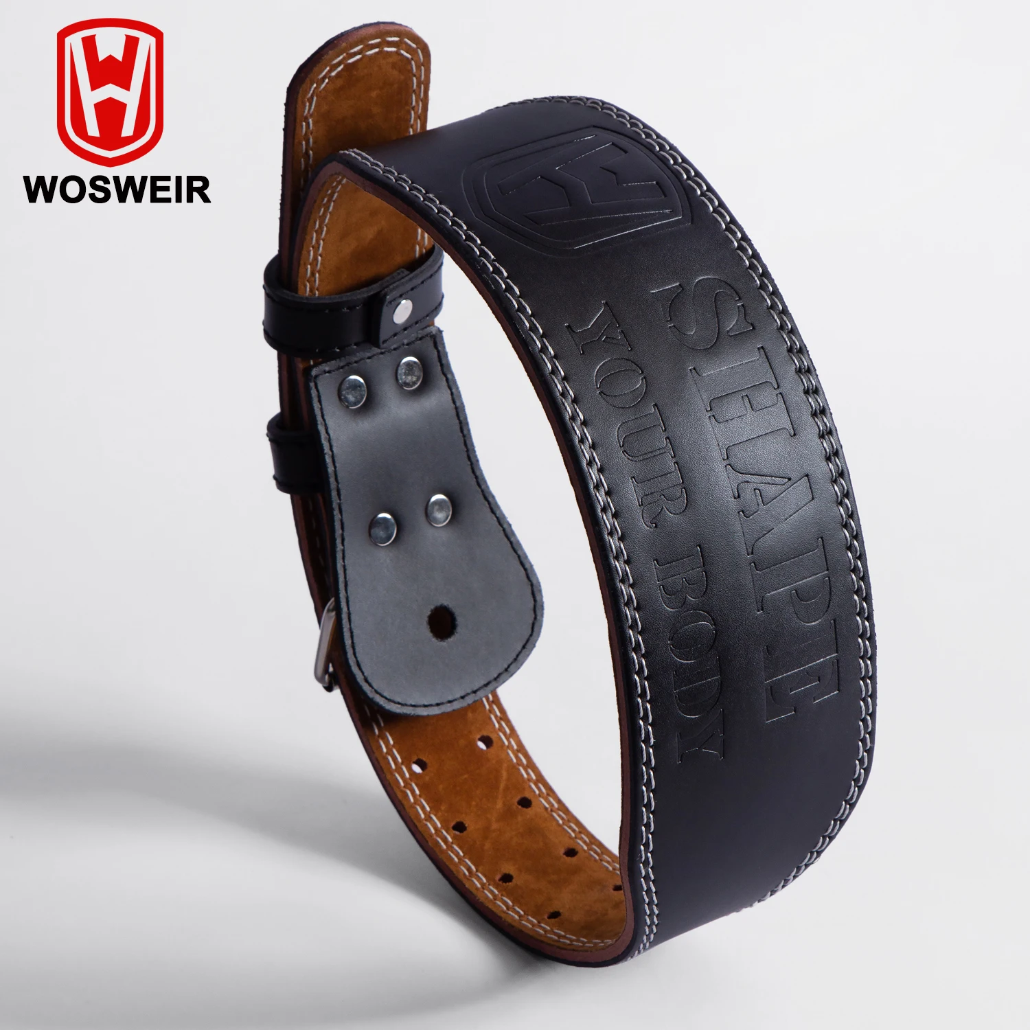 

WOSWEIR Cow Leather Men's Gym Weight Lifting Belt, Lumbar Back Support Equipment, Strength Training Waist Trainer