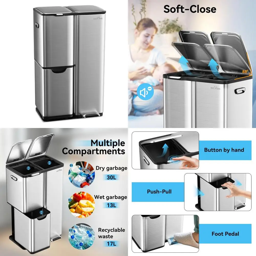 

Triple Compartment Kitchen Trash Can - Heavy Duty Anti-Fingerprint Brushed Recycling Bin for Office Use