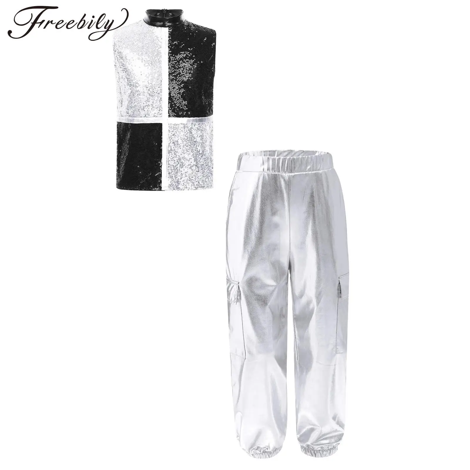 Hip-Hop-Kleidung für Jungen, Metallic-Streetwear für Kinder, modische Streetwear-Oberteile, Cargohosen, Pailletten, glänzendes Jazz-Tanzkostüm für Kinder