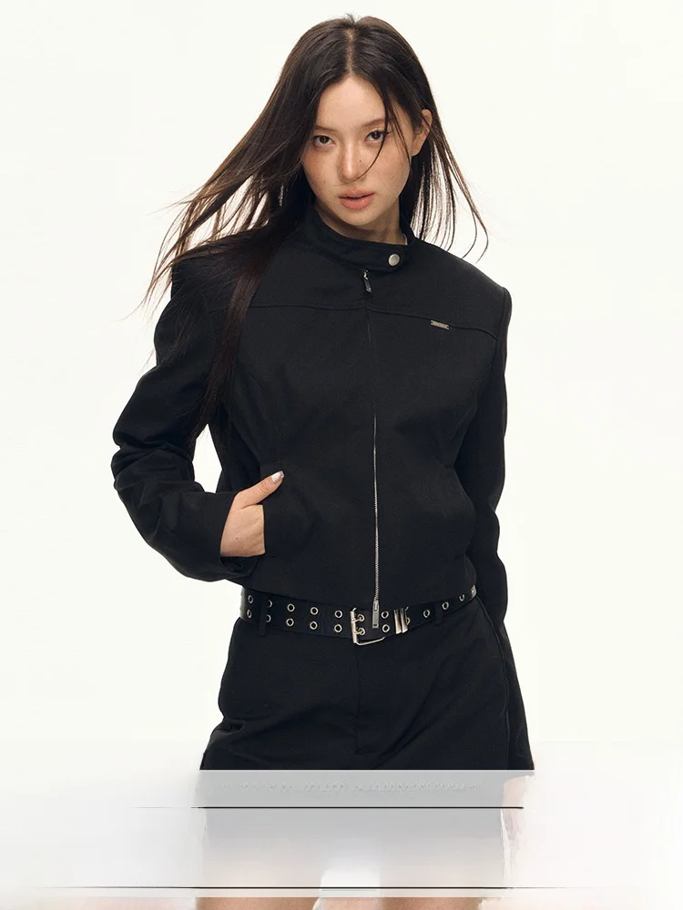 

Bla ort oulder Jaet Women's Autumn High-End Slim Fit Skirt Set Stand Collar Zipper Street Sle Bamboo Cotton Coat