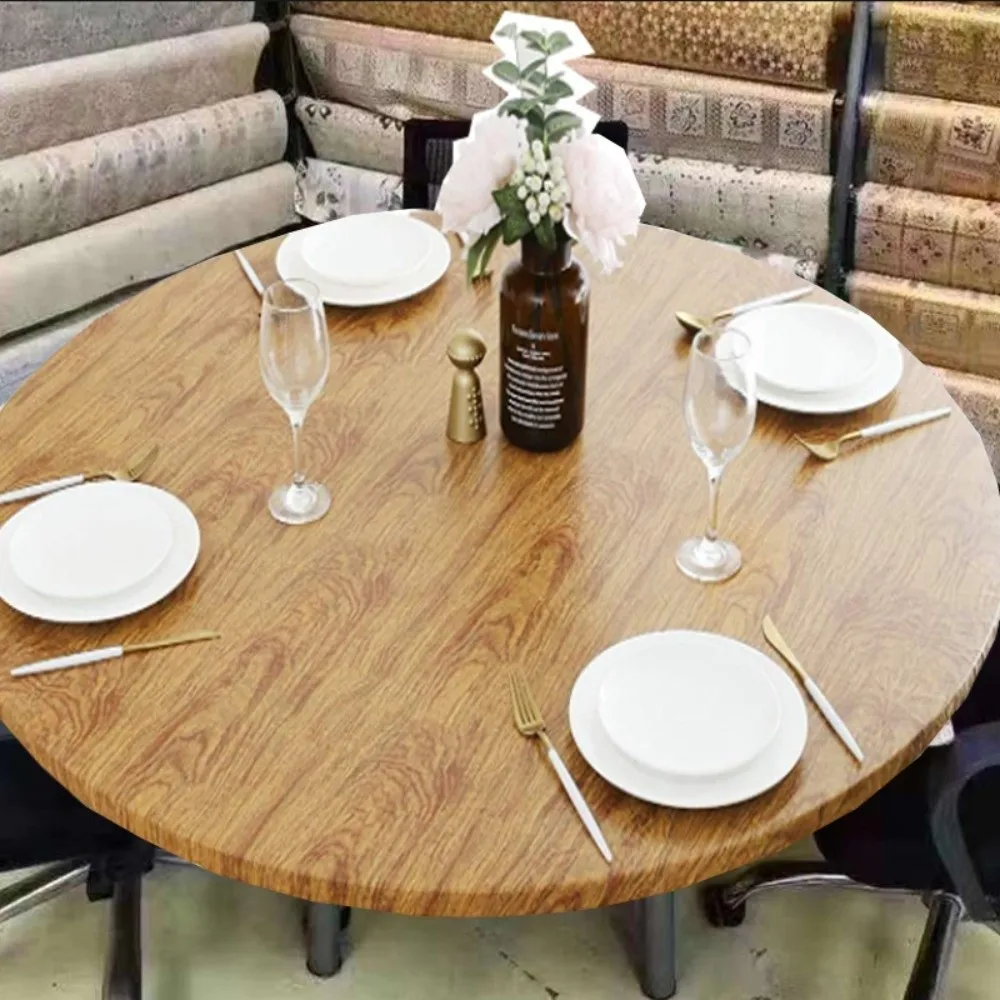 Manteles de PVC de 40-44 pulgadas, cubiertas de mesa impermeables elásticas de grano de madera, mantel redondo pequeño resistente al aceite y a la suciedad, Acción de Gracias