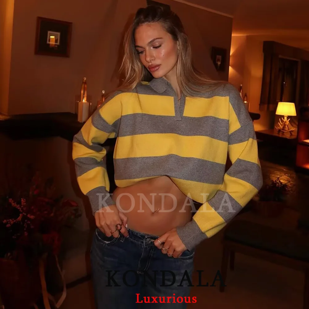 KONDALA سترات فضفاضة متماسكة مخططة غير رسمية للنساء بياقة على شكل V وأكمام طويلة بلوفرات موضة خريف 2025 قطع علوية سميكة ودافئة Y2K للفتيات