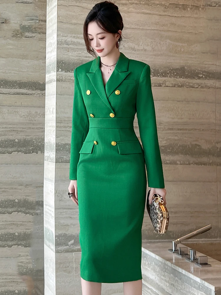 Elegant Fashion Midi Dress Women Clothing Professional Business Style Long Sleeve Double Breasted Robe Office Lady Work Vestidos